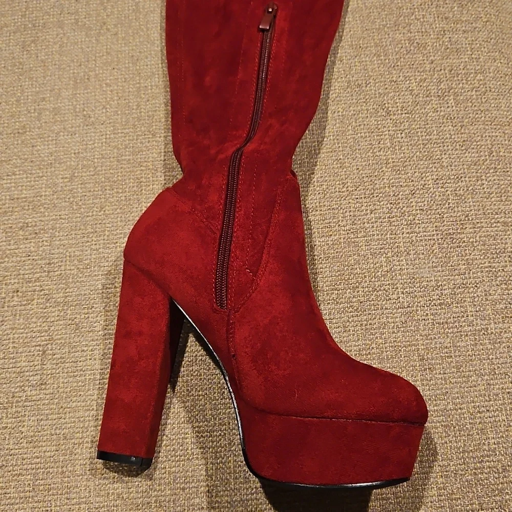 Perphy Platform Chunky Heel Red Over Knee Thigh High Boots for Women NWOT Sz 6.5